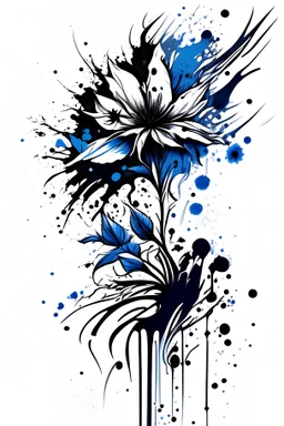 A line drawing vector with defined details black ink and a splash of blue on white background of a floral design modern for a tattoo design