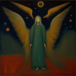 Since my angel stopped watching over me, he can freely unfold his wings and split the silence of the stars, semi-abstract painting by artist "Mark Rothko", by artist "Leonora Carrington"