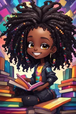 A sassy futurism ABSTRACT colorful art cartoon black chibi girl LOOKING DOWN, surrounded by colorful BOOKS. Looking up coyly, she grins widely, showing her Teeth. Highly detailed black shiny dread locs , regal expression.