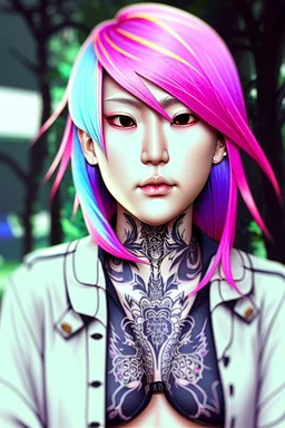 asian cool stylish, trans lookalike, with piercings,rainbow hair, androgynous look, epic colour treatment, cinematic colour treatment, meticulously intricate perfectly symmetrical extremely detailed, pixiv daily ranking, pixiv, extreme depth of field, artstation, spectacular details, volumetric lighting, masterpiece, cinematic, Hollywood production, 8k resolution, high definition, max octane render, vivid colors, max resolution, max perfectionism, realistic composition, professional pho