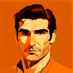 Illustration of a 35 year old handsome Turkish man with brown hair, front view, orange background
