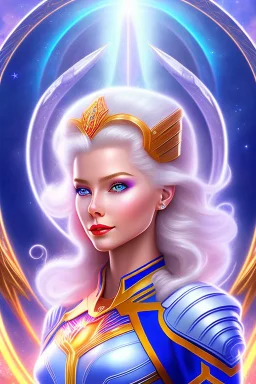 young cosmic woman admiral from the future, one fine whole face, large cosmic forehead, crystalline skin, expressive blue eyes, blue hair, smiling lips, very nice smile, costume pleiadian,rainbow