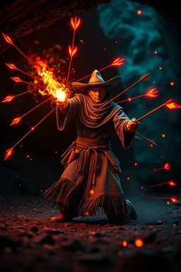 magic neon arrows flying, magic swirl, strong winds, true grit, Mexican native stand off fast draw poncho cowboy wizard on knees hurt punching fire ball whip while taking sight wand slinger, in dark cave ,bokeh like f/0.8, tilt-shift lens 8k, high detail, smooth render, down-light, unreal engine