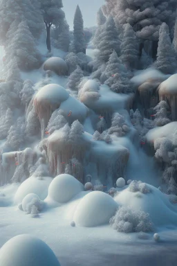 detailed peaceful landscape made of cake frosting, cotton candy, ice cream, strong texture, extreme detail, octane render