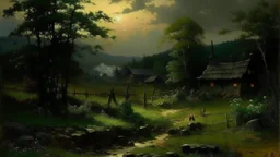 A black dark shadowy Japanese village painted by George Inness