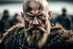 Live photo of a bald angry viking