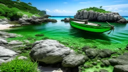A petite bay enclosed by weathered rocks, the crystalline sea a vibrant green, a small fishing boat anchored offshore, summer season.