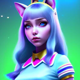 waitress teenager, indian, cat ears latex headband, rounded face, cyan hair, short hair, light makeup, striped shirt, vibrant color, highly detailed, gradient background, concept art, smooth, 16 bit, unreal engine 5, god rays, ray tracing, RTX, lumen lighting, ultra detail, volumetric lighting, 3d, finely drawn, high definition, high resolution.