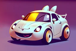 whimsical cartoony sports car, with a small mascot character with a racing helmet on driving it, celshaded comic style, happy atmosphere