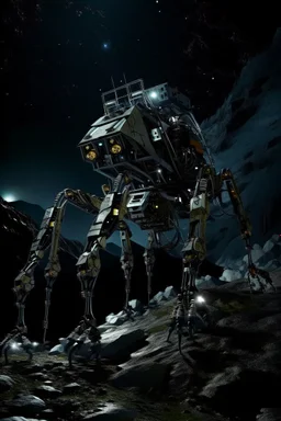 eight legged mechanical walker scaling a very steep rocky side of mout everest at night, it has a smooth surface, it has storage pods on its belly human can fit in the pods