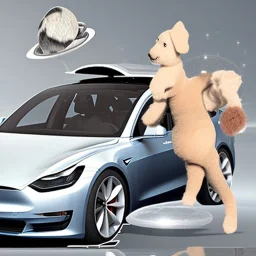 Kim Kardashian driving a Tesla Model 3 flying in outer space with a stuffed puppy in the passenger seat