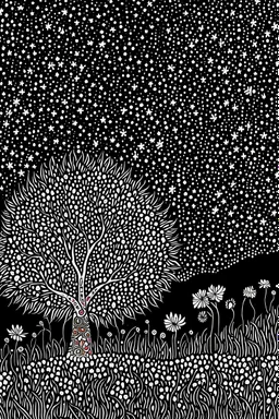 Peaceful, Max Ernst, night sky filled with galaxies and stars, trees, flowers, one-line drawing, sharp focus, 8k, 3d