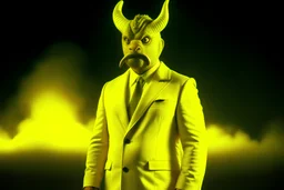 a realistic photo of minotaurus from head to torso wearing flashing yellow tuxedo with blur nuclear bomb test background at night.