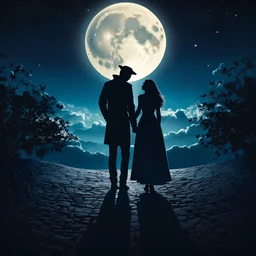 Photography of the shadow of a loving couple in the sky, in the night with the full moon, magical environment, vibrant colors, detailed, intricate details, high definition, best quality, detailed shadows, realistic, enchanting lighting, 8K