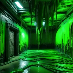 Empty stone room with the ceiling covered in dripping green slime.