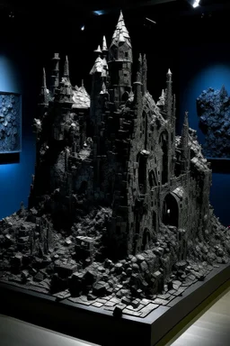 A black castle made out of steel in a chaotic shadow realm designed in Ica stones painted by Vincent van Gogh