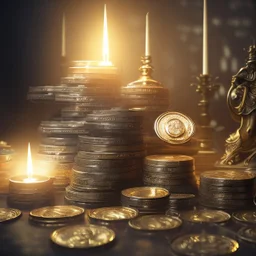 dynamic lighting, Intricately detailed, Splash screen art, deep color, Unreal Engine, volumetric lighting, silver coins, gold coins, silver treasure, stacked coins, indoors, candle, altar, black table,