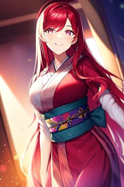 girl, masterpiece, best quality, cinematic lighting, detailed outfit, vibrant colors, perfect eyes, long hair, red hair, pink eyes, lens flare abuse, obi, smile, indoors,