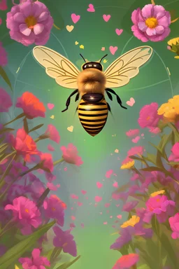 A chubby honey bee wearing oversized heart-shaped sunglasses, flying happily amidst a field of vibrant flowers, with a trail of tiny hearts following its flight path."