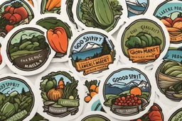 Stickers for a lakeside farmers' market "Good Spirit Market" in a national parks sticker style, featuring illustrations of fresh produce