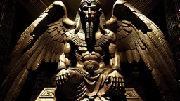 Imagine an image from above of the falcon-headed god Mentu as he spreads his two great wings and inspects the world below him and the three pyramids that were illuminated at night, as well as the Sphinx. The image is ominous, arousing fear and terror to everyone who looks at the falcon-headed god Mentu, who is angry because his eyes lit up with yellow and red, flying in his golden clothes decorated with rainbow colors. Bright and neon, as if he rejects what is happening to the pyramids below him