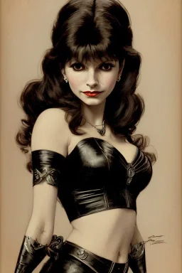 painting of young victoria principal as evil queen in black leather, feminie, angry, stern look on her face, volouptous, busty, cleavage, emperious, mature, highly detailed, digital painting, artstation, concept art, smooth, sharp focus, illustration, art by gaston bussiere and alphonse mucha