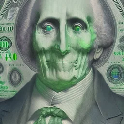 a head and shoulders portrait of a skeleton dressed in a three-piece suit as the president of the united states, based on us currency, united states one dollar bill, shades of green, real-life, colors match the united states one dollar bill, realistic, robotic,