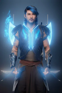 a person in runic armor with blue wings, blue short hair, runic tattoo and spell book, male