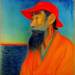 Portrait of OLd Japanese Fishermen, crane bird fishing , sunset, with long beard, on boat, wearing bucket hat, by edvard munch 8k