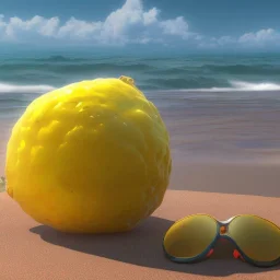 a lemon wearing sunglasses relaxing on the beach, pixar movie still, 3d realistic render, hyperdetailed