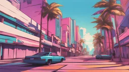 comic book illustration looking straight ahead,synthwave colors in Miami beach, sunshine, blue sky, art inspired in GTA VI game, cinematic light, 4K, no cars