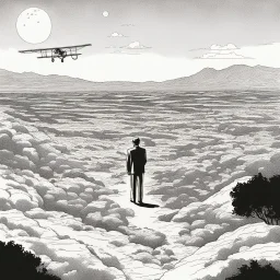 a alone man. pen and ink, birds eye view, illustrated by hergé, Background space and earth