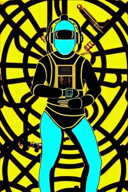 Bronze color, Yellow, Black Cyan photograph Cyber-punk, full-mask, AKG-style big headphones, golden rings & disc, fencing mask. Archer. Asa Akira, lightly armored, electronic circuits. Guns, 3D-Escher tiling, background. Thick tights, thick calves, bend fell, wide hip, flat belly. Ancient artifact attached. Perfect body. Daft Punk, Tron Movie. Matrix movie clothes, Silver leather area, tippet, latex. Wicked sneakers. 1990's, old telephone microphone. Surreal. Minimal fashion Future