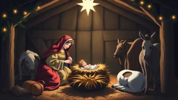 Christian nativity scene in the stable, baby Jesus in manger, Mary, Joseph, cow, donkey, shepherds, night, holy, beautiful, cozy, photograph for Christmas card