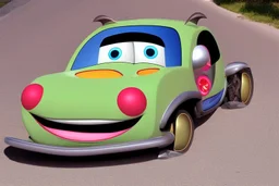 whimsical cartoon car with big eyes and its front grill forming a friendly smile