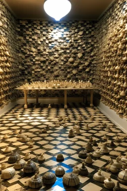 in a room thats just huge sea shells as walls and on the floor in a huge chess board
