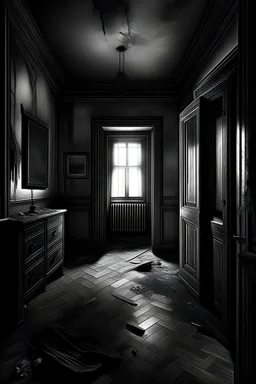 Illustrate the unsettling moment when the friends feel the oppressive atmosphere within the walls of the house, as if the very building is alive and breathing darkness. Capture their expressions of unease and fear.