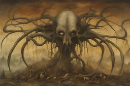 in the style of Hieronymus Bosch, H. R. Giger: full body creature in madness. surrealism. mystery mood. very detailed, deep crackles. colors run partially. visible brushstrokes. Muted palette textured oil painting on cracked canvas. dramatic painting effects. dystopic. horror, science fiction. depression. postapocalypse. nebular. Fluid Painting. blood and guts. gallery level art, surreal, dark mood. action, motion