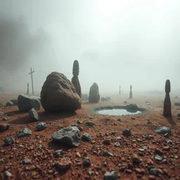 A striking quality close-up photograph captures a surreal wasteland with odd stones, pond, odd spindle-shaped objects, spooky, creepy, details of the dust very accentuated, glossy, organic, adorned with minerals and rocks, fog. Bathed in feeble light, eerie, James Ensor style, black sun, fog, volumetric light, octane render