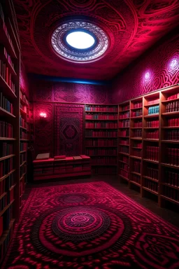 A dark magenta psychedelics library with telekinetic books designed in Kuna Molas