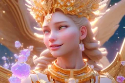 very beautiful crystal and gold goddess in a galactic ambiance, nice smiling, transparent petals, delicate colors, full of details, smooth, bright sunshine，soft light atmosphere, light effect，vaporwave colorful, concept art, smooth, extremely sharp detail, finely tuned detail, ultra high definition, 8 k, unreal engine 5, ultra sharp focus