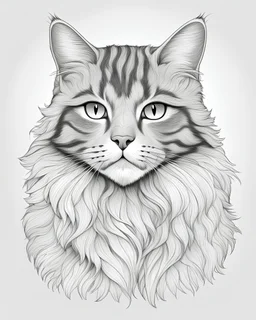 outline art for a gorgeous tabby cat, coloring page, long fur, white background, sketch style, only use outline, clean line art, white background, no shadows and clear and well outlined