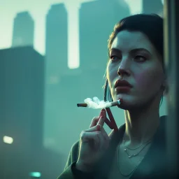 a moody close-up shot of an attractive woman casually smoking a cigarette in a cyberpunk city