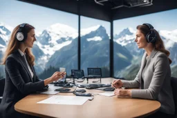 [Maths, Tech and Mountains] A podcast scene featuring a man and a woman engaged in a lively discussion about AI in finance. The setting is a modern studio with microphones and headphones setup in Swiss mountains. The backdrop showcases elements related to Robotic, satellites, mathematics, language models. The atmosphere is professional yet friendly, reflecting a workshop vibe