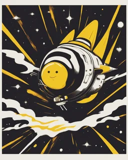 A strange creature flying in space on top of a speeding rocket. It has a head in the shape of a yellow and black circle with yellow edges as well