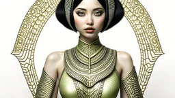 pale alien woman wearing exotic clothing. Black hair bob