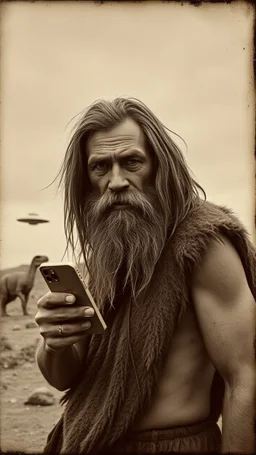 An old picture style of black and white mono very bad quality looks very old camera picture with cracks of a Neanderthal man with long dirty hair and beard wearing an animal skin cloths holding an IPhone the year 1900 in the background from a distance dinosaurs and a landed ufo machine