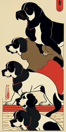  a group of dogs that are on top of each other, a poster by Nōami, ukiyo-e, anime aesthetic, minimalist.