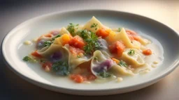 Translucent ravioli filled with colorful, finely diced vegetables and herbs, served in a light, fragrant broth. The delicate pasta gleams under the soft lighting, revealing the vibrant filling inside. Ultra Realism, beautiful intricate insanely detailed octane render, 5d, 16k, artistic photography, perfect light, chiaroscuro, award-winning photograph, masterpiece, rule of thirds, 35mm lens, adjust perspective