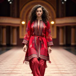 A full-body shot of a beautiful lady wearing azeri folk jacket and pants , curvy hair walking on a nice stage and looking at the camera